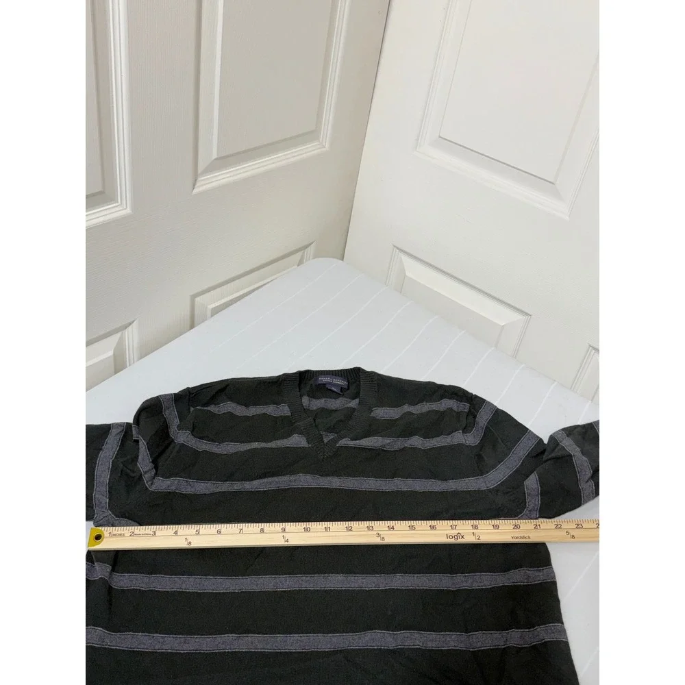 Banana Republic Mens V-Neck Sweater Black Grey Striped Cotton Cashmere Large L